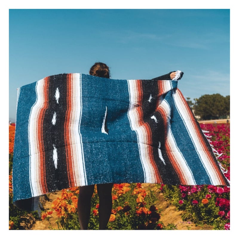 Open Road Goods Blue Mexican Yoga Blanket - Thick Diamond Serape Indigo with Tan/Khaki and Red/Maroon Stripes - Image 2